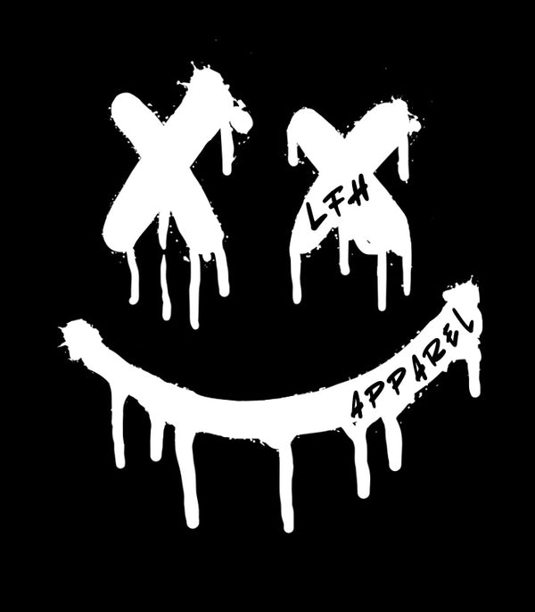 White smiley face with 'LFH APPAREL' text on a black background
